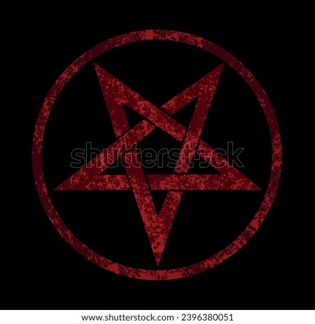 Red, inverted, textured pentagram in circle, on black background. Occult symbol. Hand drawn vector art.