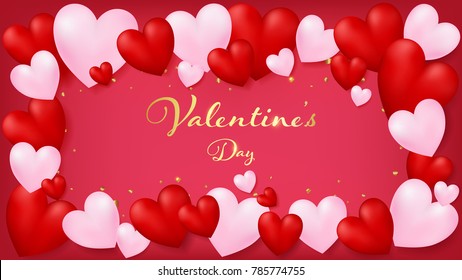 Red invitation card rounding by red and soft pink hearts, Valentine's Day text as golden shade included flare and heart gold glitter around border.