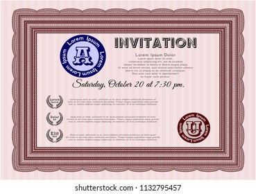 Red Invitation. Cordial design. Customizable, Easy to edit and change colors. With guilloche pattern and background. 