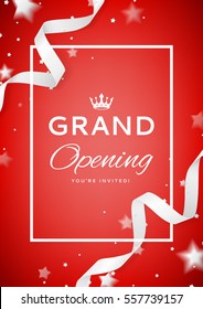 Red invitation to grand opening. Top view on White curved satin ribbons and confetti. Vector illustration.