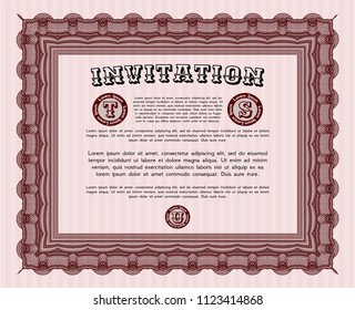 Red Invitation template. With complex linear background. Detailed. Money style design. 