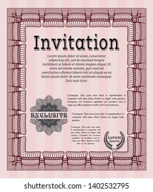 Red Invitation template. With great quality guilloche pattern. Vector illustration. Money design. 