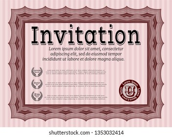 Red Invitation template. With guilloche pattern and background. Money style design. Vector illustration. 