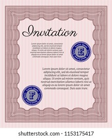 Red Invitation template. Vector illustration. With great quality guilloche pattern. Money style design. 