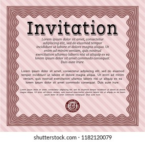 Red Invitation template. Vector illustration. With guilloche pattern. Money style design. 