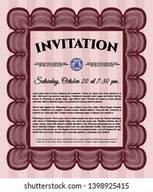 Red Invitation template. Vector illustration. With guilloche pattern and background. Retro design. 