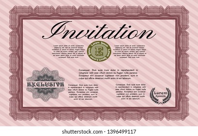 Red Invitation. Vector illustration. With great quality guilloche pattern. Money design. 