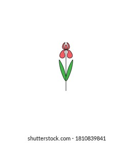 Red iris flat color line icon in minimal design. Fleur-de-lis flower simple linear sign, symbol, ui element, pictogram on isolated white background.