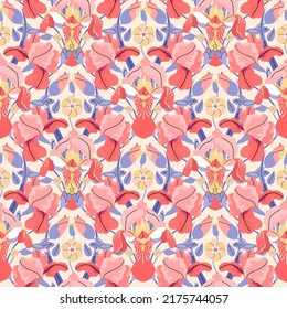 Red iris seamless pattern on beige background. Vector summer vintage flat illustration for branding, package, fabric and textile, wrapping paper