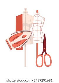 Una plancha roja, unas tijeras y un maniquí. Concepto de moda para la industria de la costura, taller de ropa o pasatiempo. Ilustración vectorial aislada sobre fondo blanco