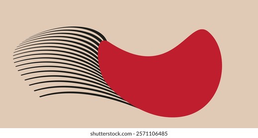 A red, irregular shape with black curved lines flowing over its left side on a beige background. Bauhaus composition.