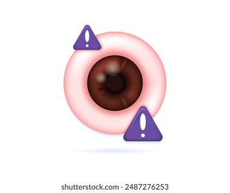 ojos rojos e irritados. concepto de problemas de salud ocular. ilustración de un ojo con un signo de advertencia. símbolo o ícono. diseño minimalista de estilo 3d. Elementos gráficos