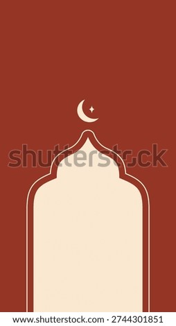 Red Islamic arch frame with moon for Ramadan Kareem and Eid Mubarak greetings