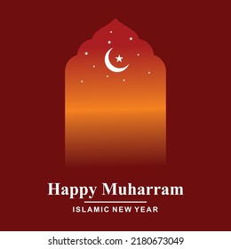 red Islamic design shaped Hijri muharram background and Islamic new year greeting card template with islamic frame and crescent moon.