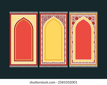 Red Islamic prayer carpet vector design. Prayer mat pattern tiles. Rug design set