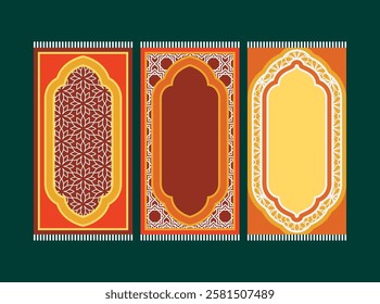 Red Islamic prayer carpet vector design. Prayer mat pattern tiles. Rug design set