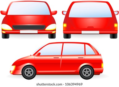 red isolated car silhouette, front and profile icon in vector