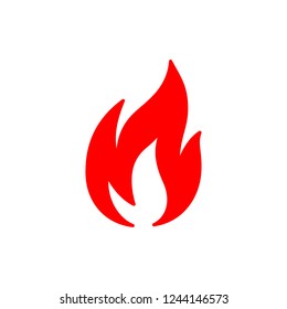 Red isolated icon of fire, flame on white background. Silhouette of bonfire. Flat design.