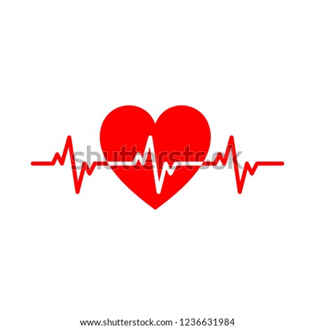 Red isolated icon of heart with white pulse line on white background. Silhouette of heart. Flat design. Symbol of healthy lifestyle and love.
