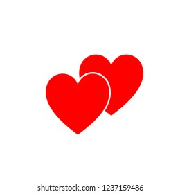 Red isolated icon of two hearts on white background. Silhouette of two hearts. Flat design. Symbol of love, coulpe.