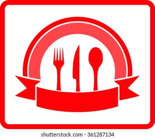 red isolated kitchen icon with fork, knife and spoon silhouette