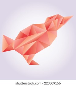 Red, isolated, poly styled bird. Gradients.