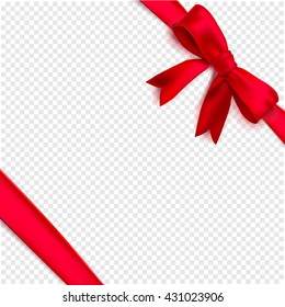 Red isolated ribbon with bow tied to corners with a knot. Vector ornament festive background