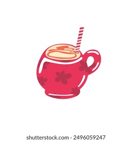 red isolated simple flat cup with flowers of coffee and straw on the white background. vector flat art. simple digital illustration with red mug. vector illustration with mug
