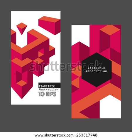 Red isometric abstraction in flat style with text box on white background. Vector illustration for graphic design. Design for poster, flyers, banner or game menu.