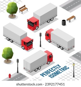 Red Isometric Big Truck from the Front Back Right and Left Views isolated on White