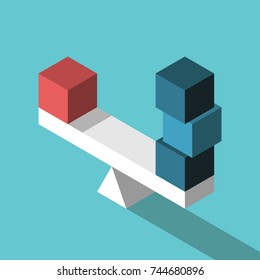 Red isometric box and three blue ones on seesaw weight scale in equilibrium. Uniqueness, balance, leadership and competition concept. Flat design. Vector illustration, no transparency, no gradients