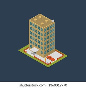 red isometric buildings in vector