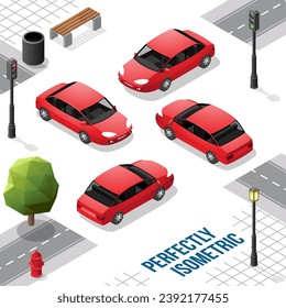 Auto isométrico rojo de la parte delantera derecha e izquierda aislado en blanco