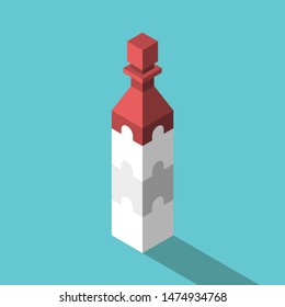 Red isometric chess pawn on top of cubes connected with jigsaw puzzle lock. Management, leadership, teamwork, hierarchy concept. Flat design. EPS 8 vector illustration, no transparency, no gradients