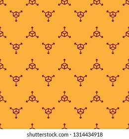 Red Isometric cube icon isolated seamless pattern on brown background. Geometric cubes solid icon. 3D square sign. Box symbol. Flat design. Vector Illustration