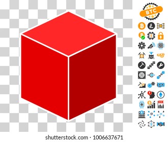 Red Isometric Cube pictograph with bonus bitcoin mining and blockchain design elements. Vector illustration style is flat iconic symbols. Designed for crypto currency ui toolbars.
