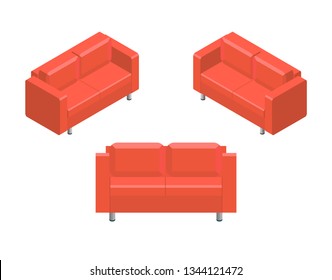 Red isometric geometric stylish sofa for home and office isolated on a white background. Couch flat illustration for advertising banner concept for furniture stores, for mobile applications or game