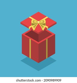 Red isometric gift box open, with ribbon and bow. Holiday, New Year, Christmas, birthday and surprise concept. Flat design. Vector illustration. EPS 8, no gradients, no transparency