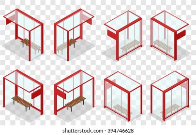 Red isometric glass bus stop. The place for waiting. Wooden bench. Realistic 3D image. Transparent background. Vector illustration.