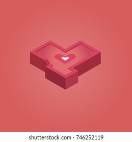 red isometric heart on red background  pixel art