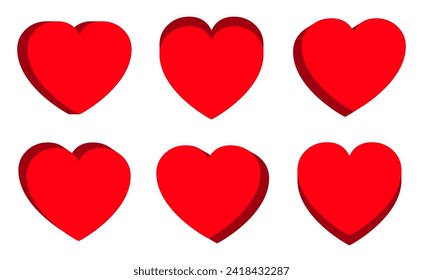 Red isometric heart set icon, 3D red isometric heart shape collection, love symbol