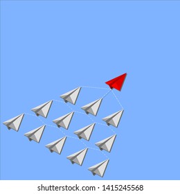 Red isometric paper plane leading gray staff ones go on the route on blue background. Leadership and teamwork concept.