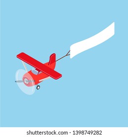 Red isometric plane vector flat template object. Aircraft Flying plane on blue sky banner. Isometric air transport. Vector illustration isolated on white background