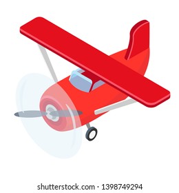Red isometric plane vector flat template object. Aircraft Flying plane on blue sky banner. Isometric air transport. Vector illustration isolated on white background