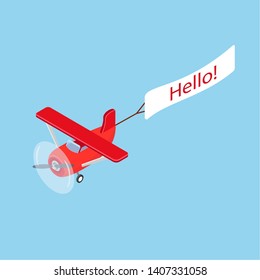 Red isometric plane vector flat template object. Aircraft Flying plane on blue sky banner. Isometric air transport. Vector illustration isolated on white background. Greeting in English