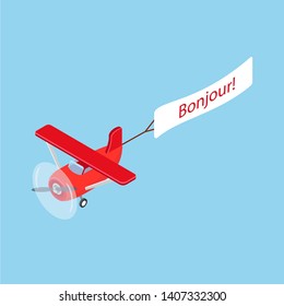 Red isometric plane vector flat template object. Aircraft Flying plane on blue sky banner. Isometric air transport. Vector illustration isolated on white background. Greeting in French