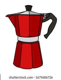 Cafetera roja italiana o moka pot, máquina de expreso, mocha express. Ilustración vectorial dibujada a mano, aislada sobre blanco.