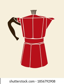 Cafetera roja italiana o maceta de moka, máquina de expreso, mocha express. Ilustración de silueta vectorial, aislada sobre beige.