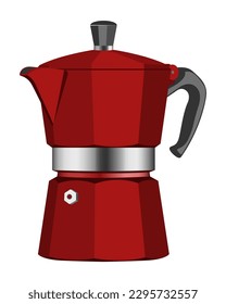 Cafetera roja italiana o maceta de moka, máquina de expreso, mocha express. Ilustración vectorial dibujada a mano, aislada sobre blanco.