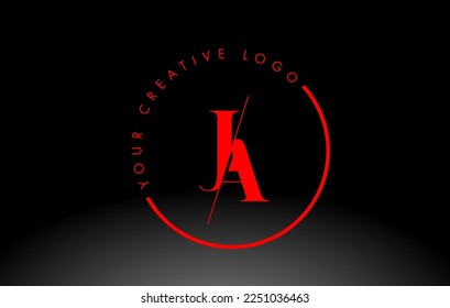 Diseño del logotipo de la carta roja JA con fuente de serif cruzada y cortada creativa.